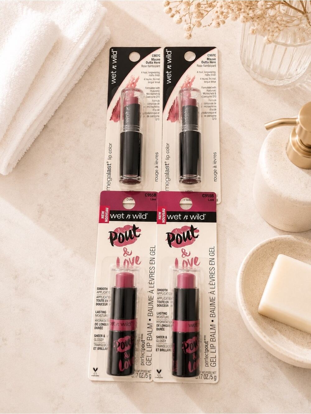 4- wet n wild Pout & Gel Lip Balm โ love Pink mauve love bundle set cute colors